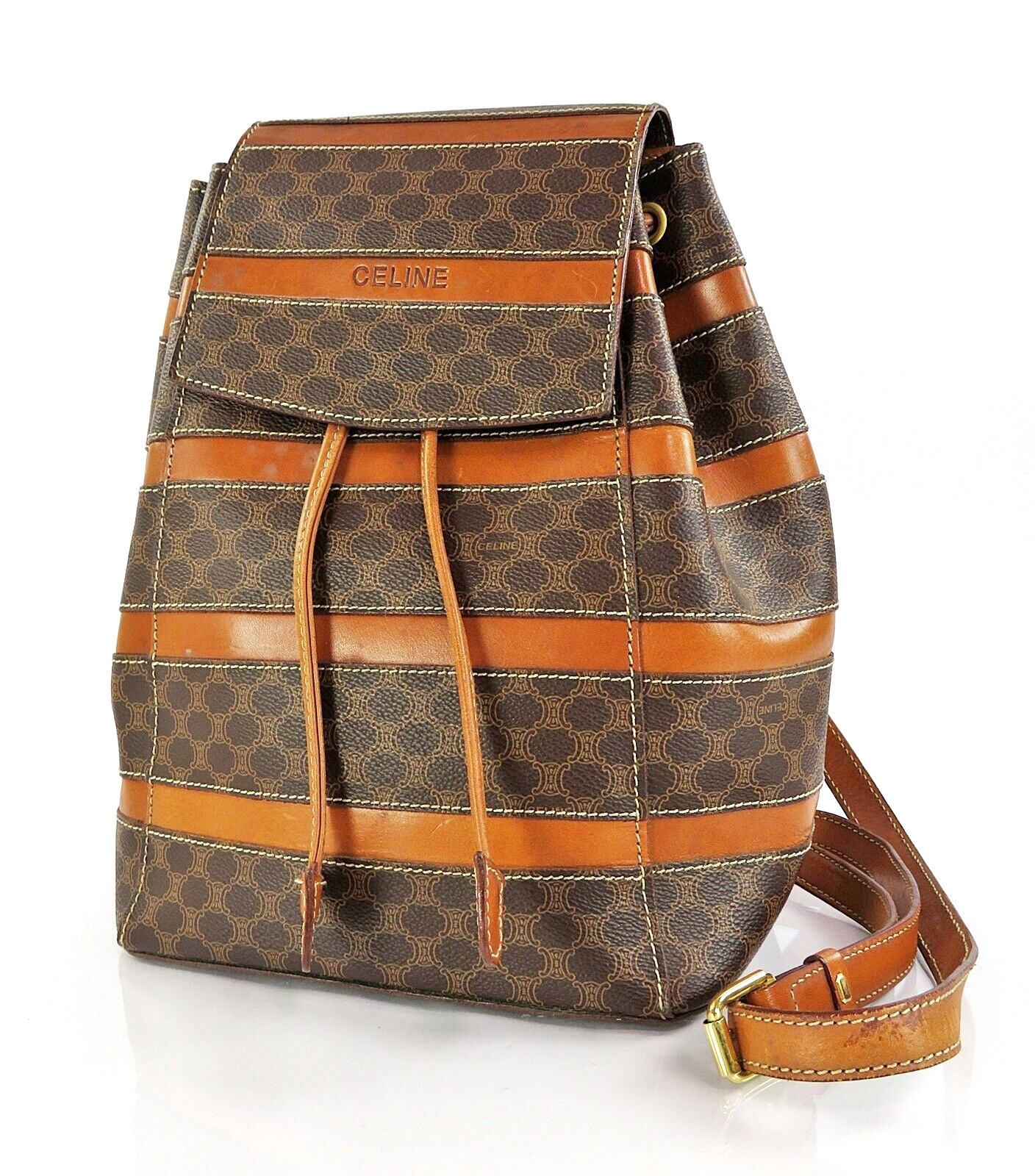 Auth CELINE Brown Macadam PVC Canvas and Leather Backpack Bag Purse #60256