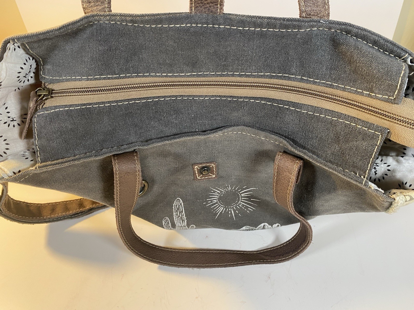 Myra Western Canvas Tote Bag Cactus Desert Print Leather Straps Boho
