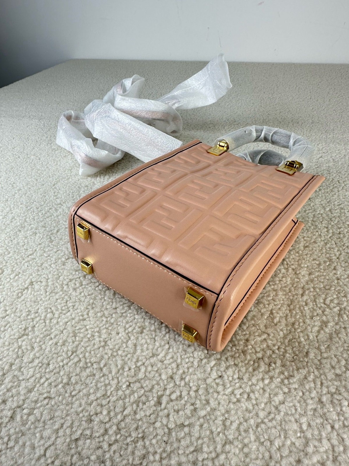 AUTH Fendi Sunshine Mini Pink FF Logo Leather Tortoise Handle Crossbody Tote Bag