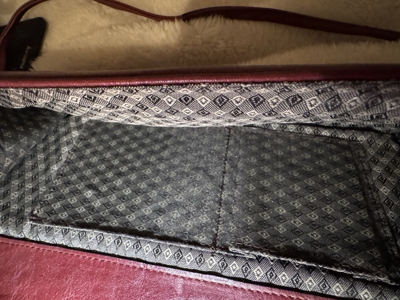 Burgundy Geometric Crossbody Bag Magnetic Flap Lined Inner Pockets Brass