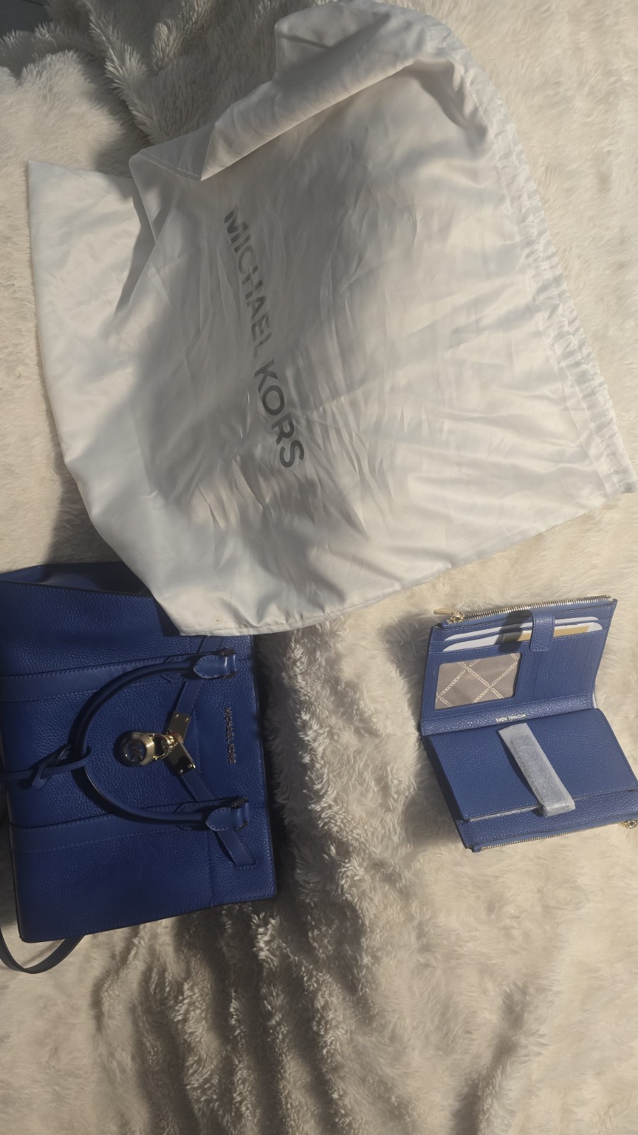 Michael Kors Blue Pebbled Satchel Top Handle Zip Bag w/ Lock & Key & Wallet