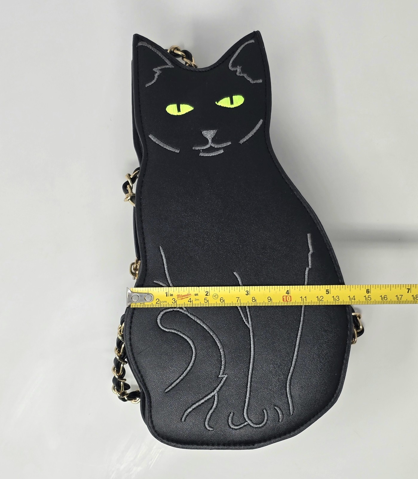 Black Kitty Cat w/ Green Eyes Crossbody Purse Gold Chain Strap Cute Halloween