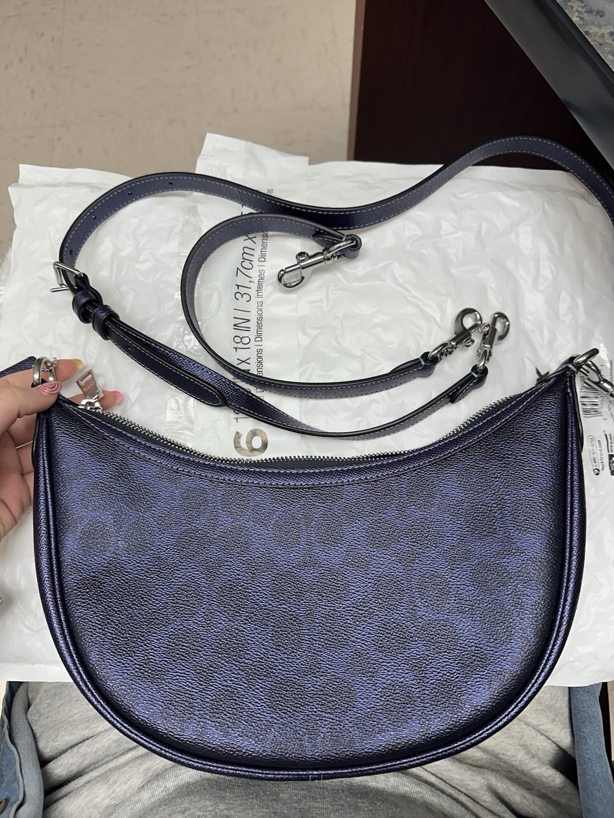Coach Aria Navy Pebbled Crescent Shoulder Bag