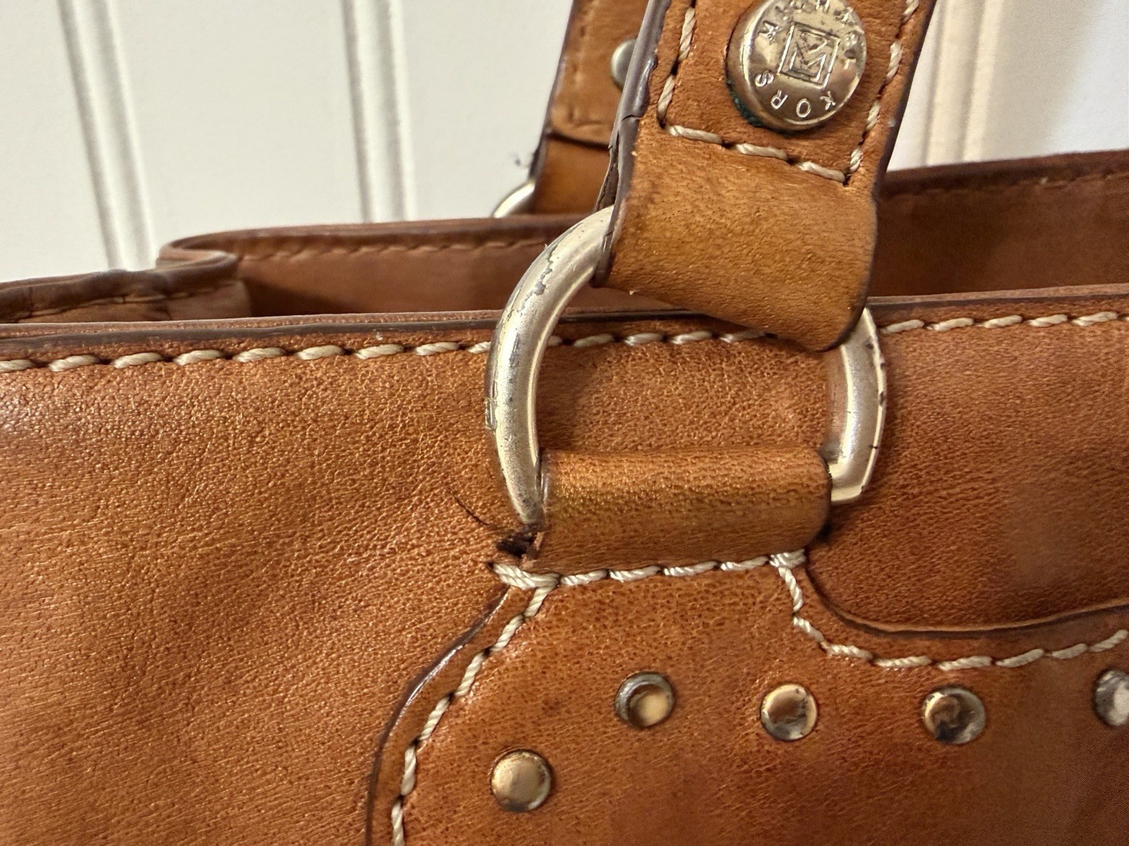 MICHAEL KORS Astor Satchel Shoulder Hand Bag Leather Cognac Studded Designer
