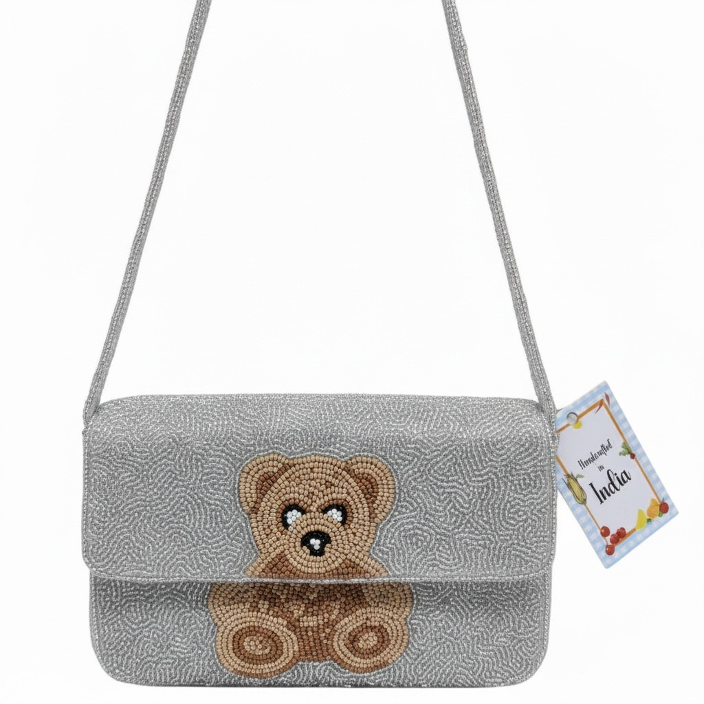 Teddy Bear Beaded Bag New Release SilverHandmade India NWT RARE