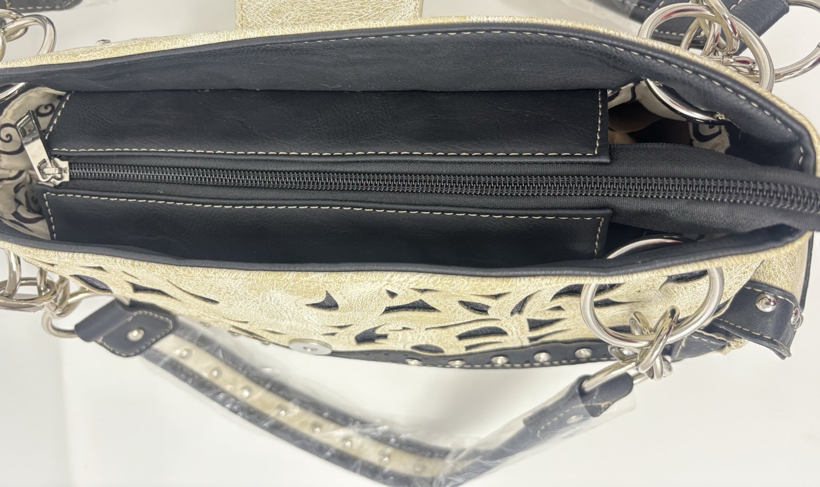Western Rhinestone Studded Satchel Handbag Cream Black Cutout Faux Leather Purse