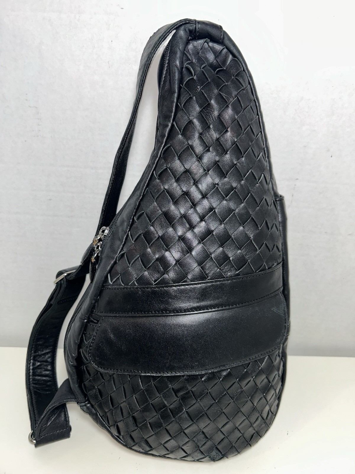 Ameribag Healthy Back Bag Black Woven Leather Sling Shoulder Bag