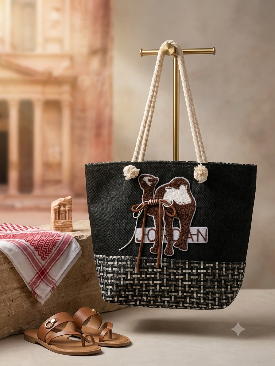 Handmade Jordan Heritage Black Tote Bag Camel Embroidered Boho Shoulder Purse