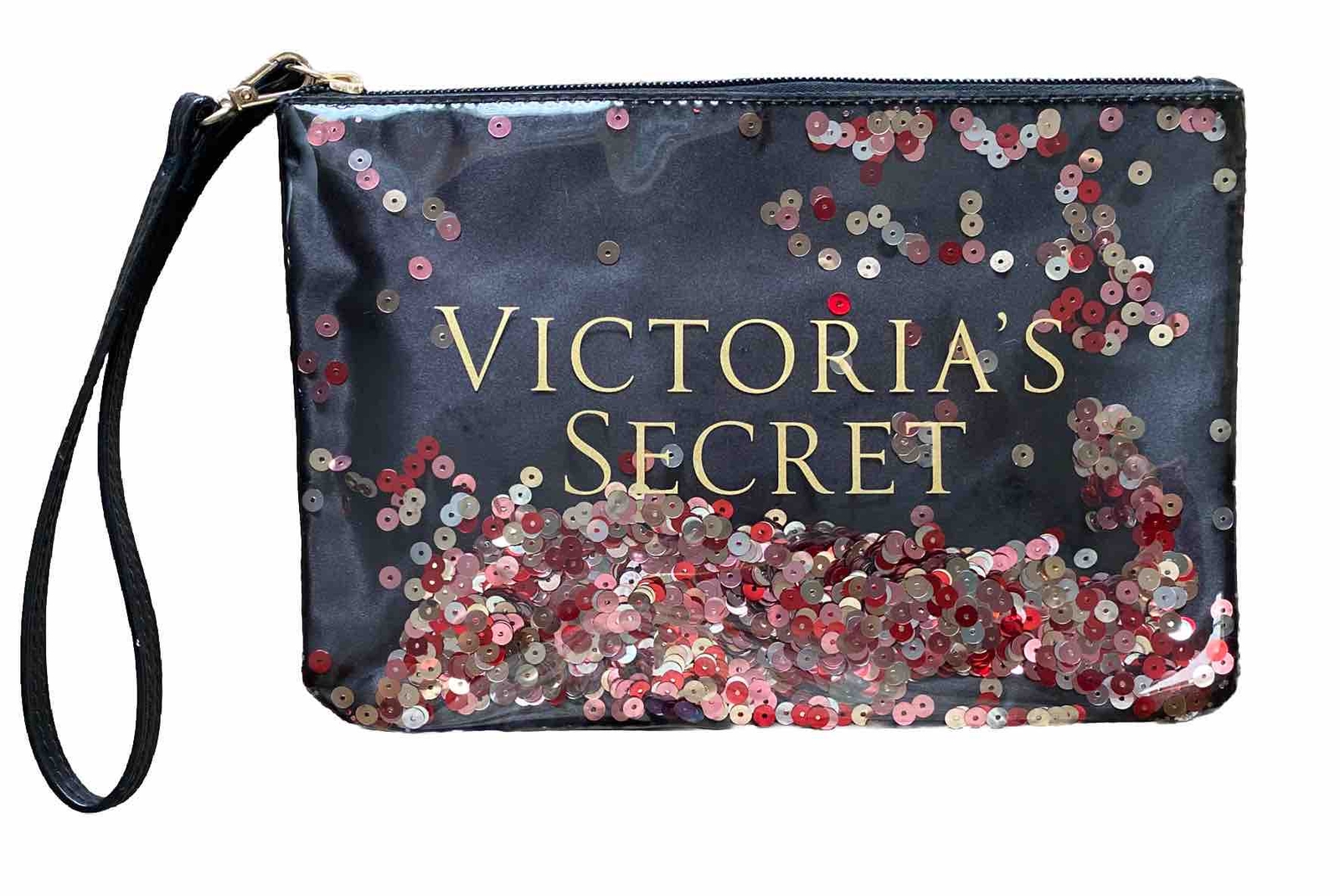 Victoria’s Secret Sequin Wristlet Make Up Cosmetic Bag Handbag Black 8.75″ x 6″