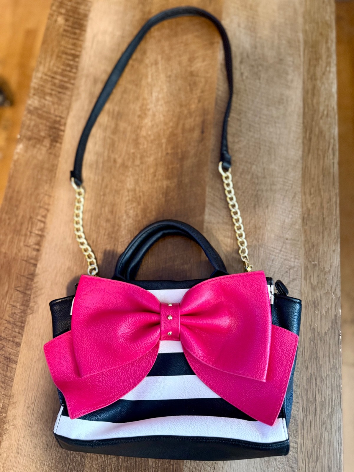 Betsey Johnson Black White Striped Satchel Crossbody Purse Pink Bow Handbag Gold