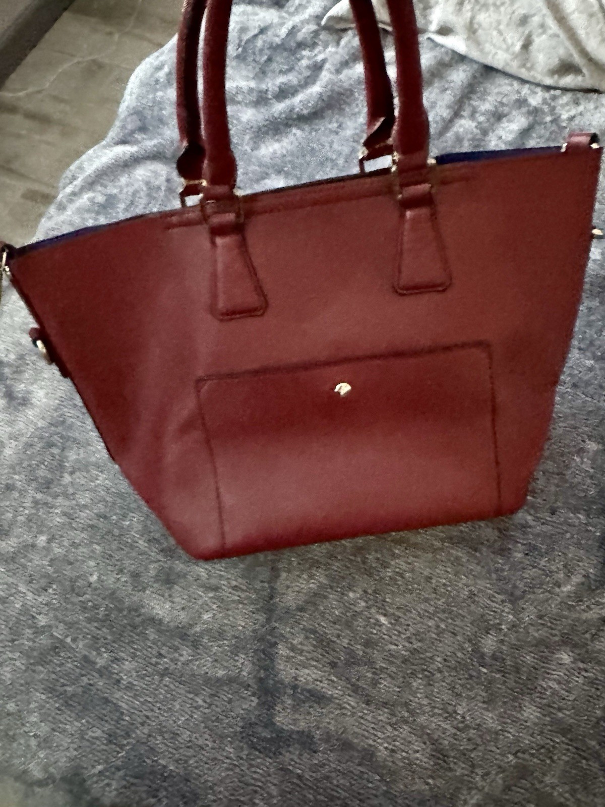 Burgundy Wine Red Faux Leather Tote Handbag Blue Interior Lining Shoulder Bag