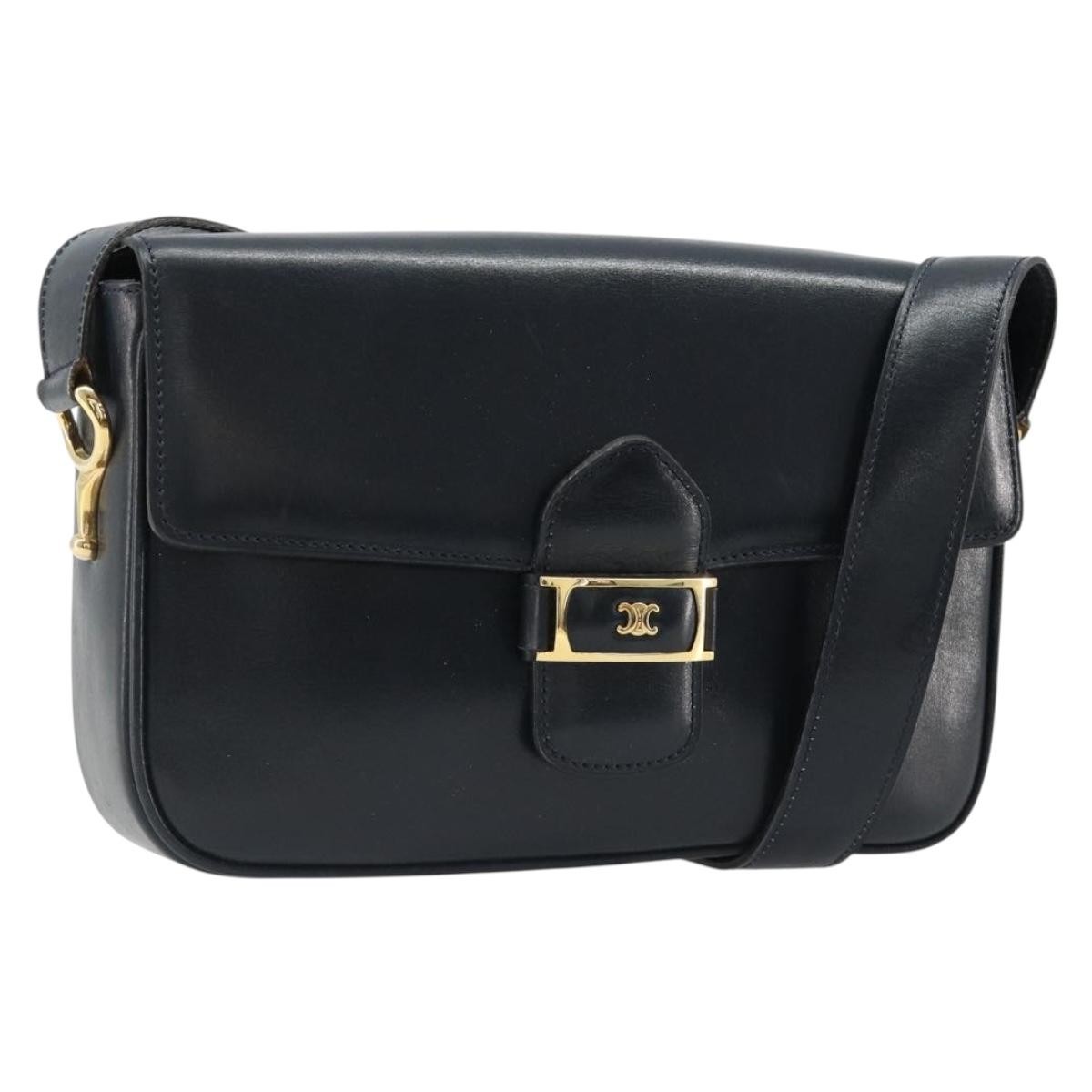CELINE Shoulder Bag Leather Navy Gold Auth 185966A