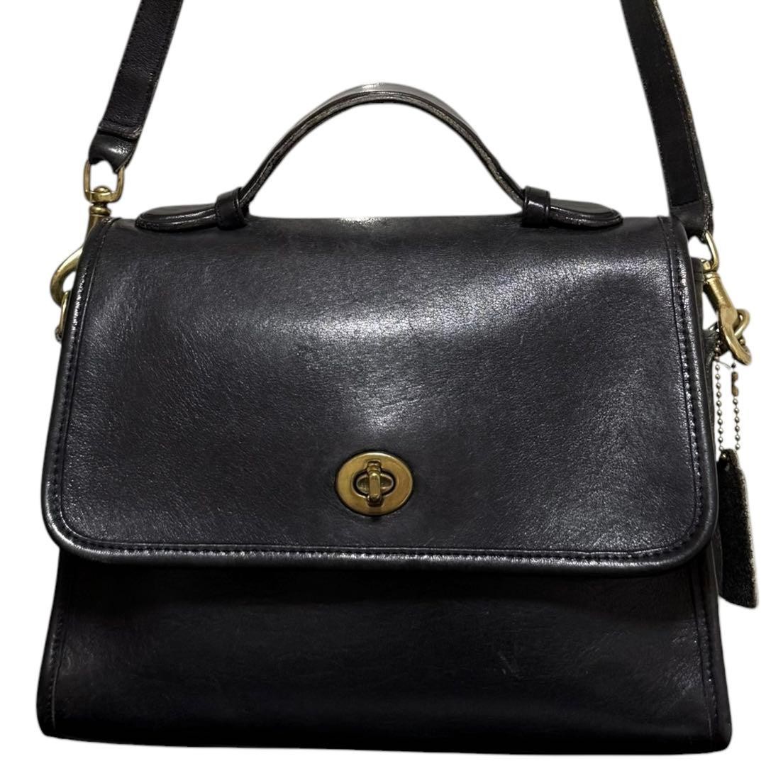 Old Coach Shoulder Bag 2way Leather Black Turn Lock Vintage