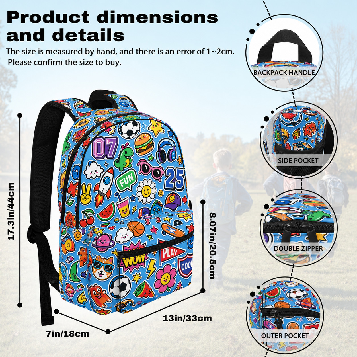 Colorful Sticker Backpack, Kids Pop Art School Bag, Fun Doodle Print Travel Back