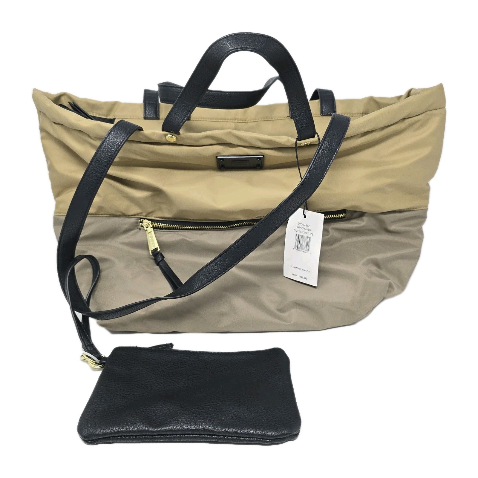 Steve Madden Khaki Oversized Nylon Tote w/ Wristlet Weekender Black 2 Pieces New