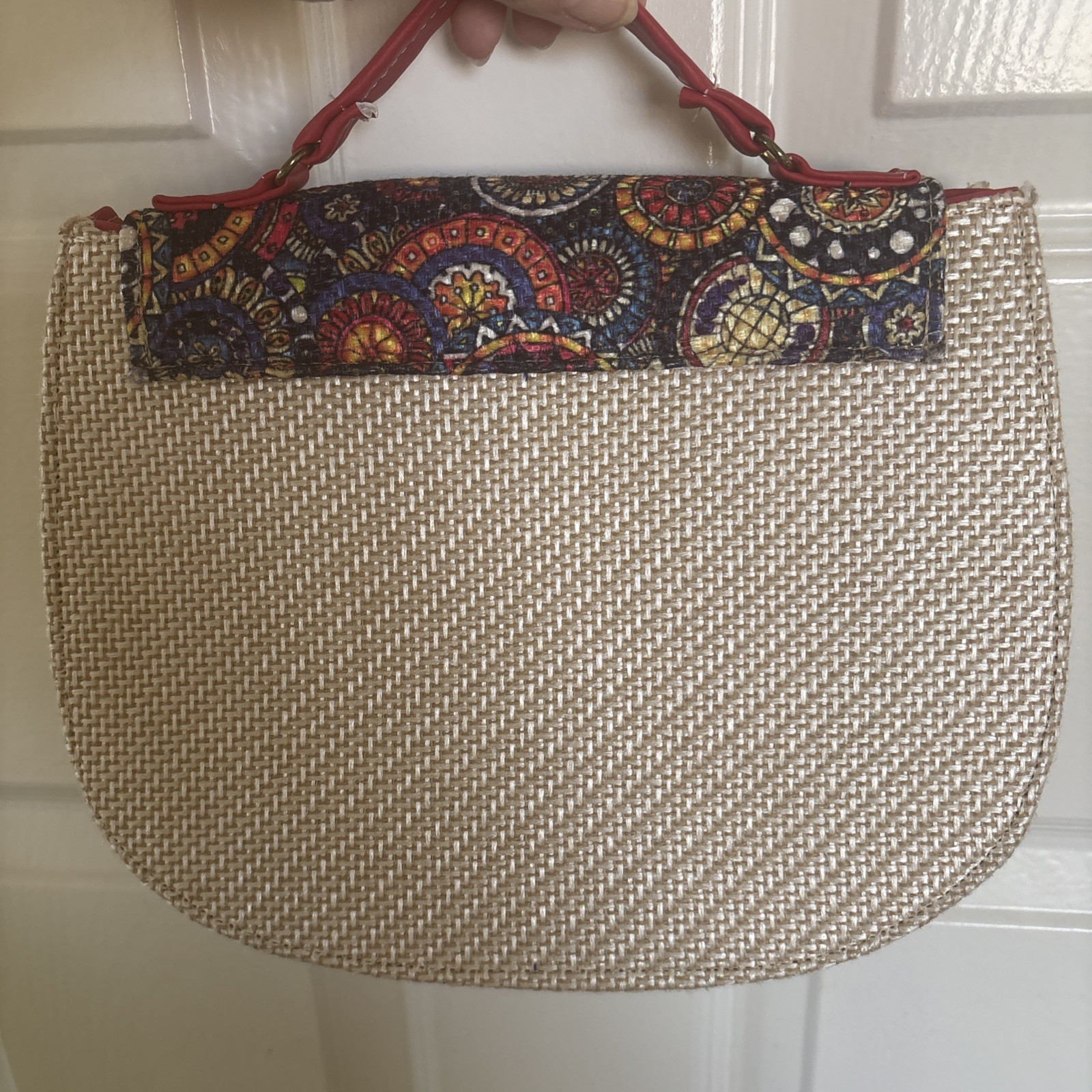 Multi Color Woven Leather And Fabric Handbag