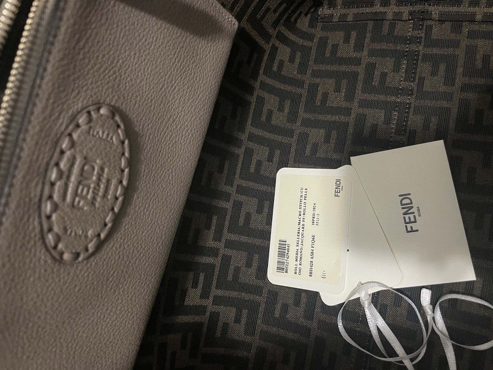 FENDI Selleria Medium Tote Taupe Pebbled Logo Lined Inner Pocket has Zip Closure