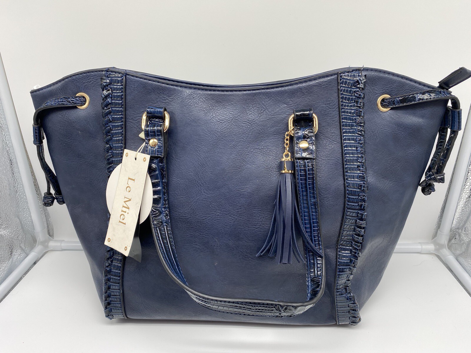 Le Miel Navy 2-in-1 Vegan Tote Purse 12″x17″x4-1/4″ With Matching Wallet