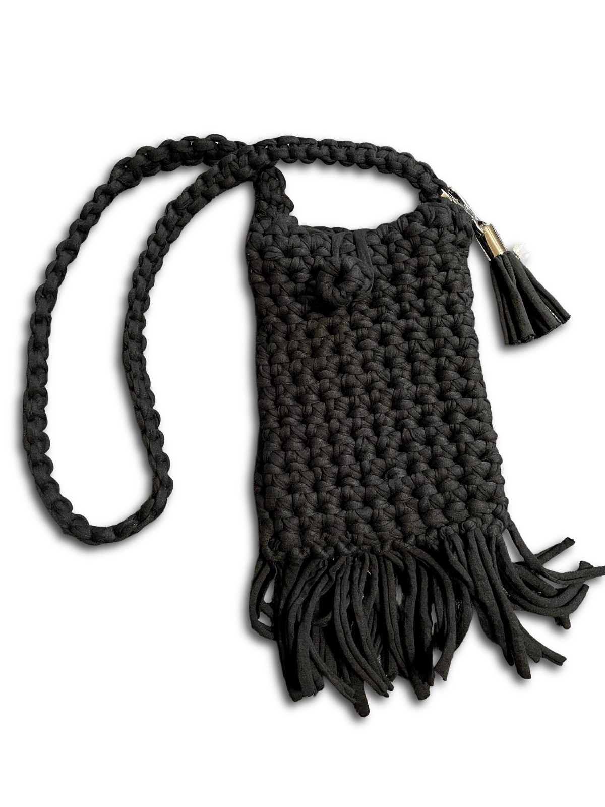 Contessa Boho Macrame Fringe Crossbody Bag Black Crochet Mini Shoulder Purse