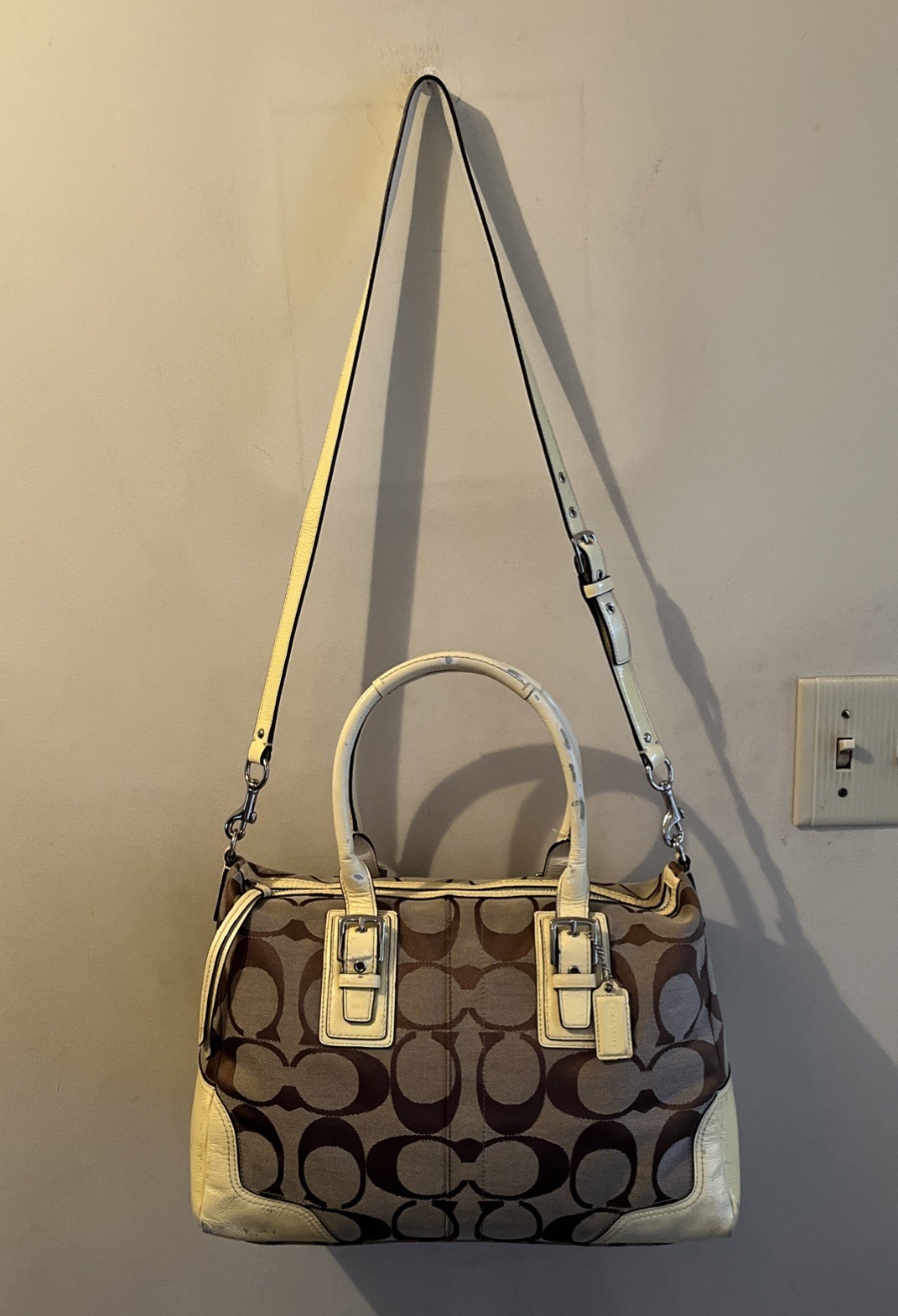COACH J0920-F13812 Hampton Yellow/Brown Monogram Canvas Leather Shoulder Handbag