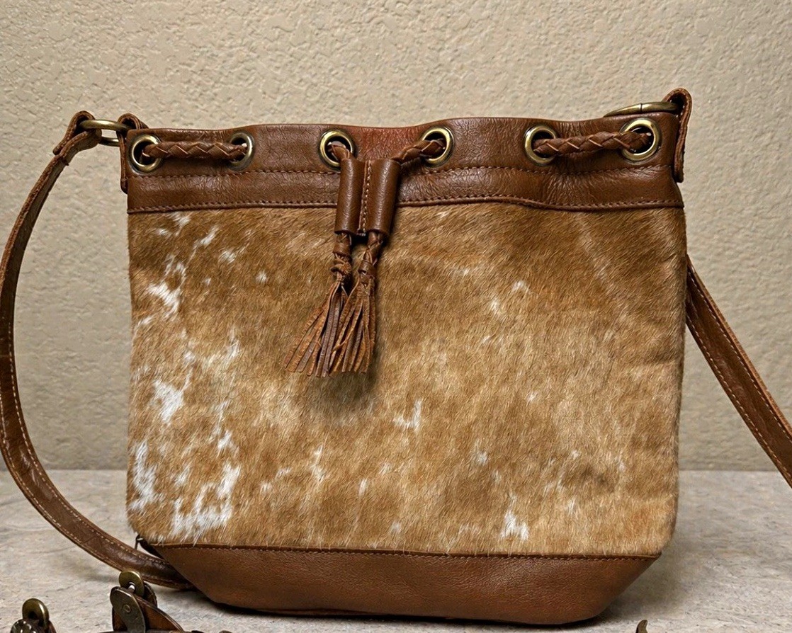 Brown Hair-On Hide Drawstring Crossbody Shoulder Bag Tassel Western Medium