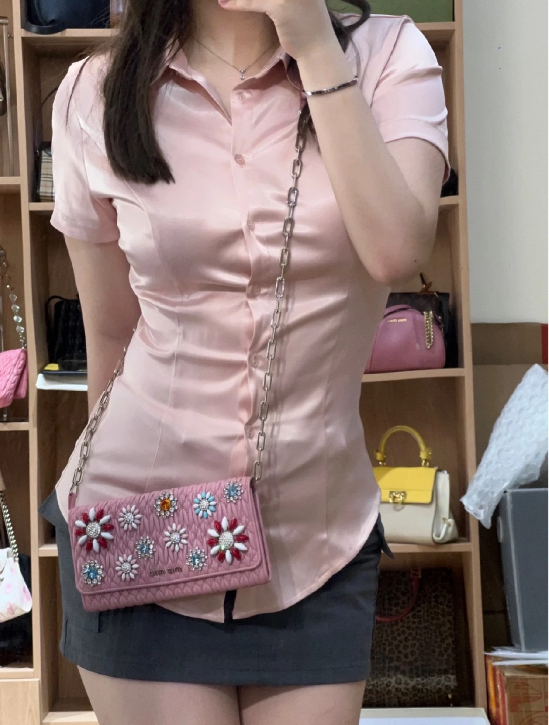 Miu Miu Matelasse WOC Normal Sakura Pink Ruched Lambskin Multiway Bag US Ship