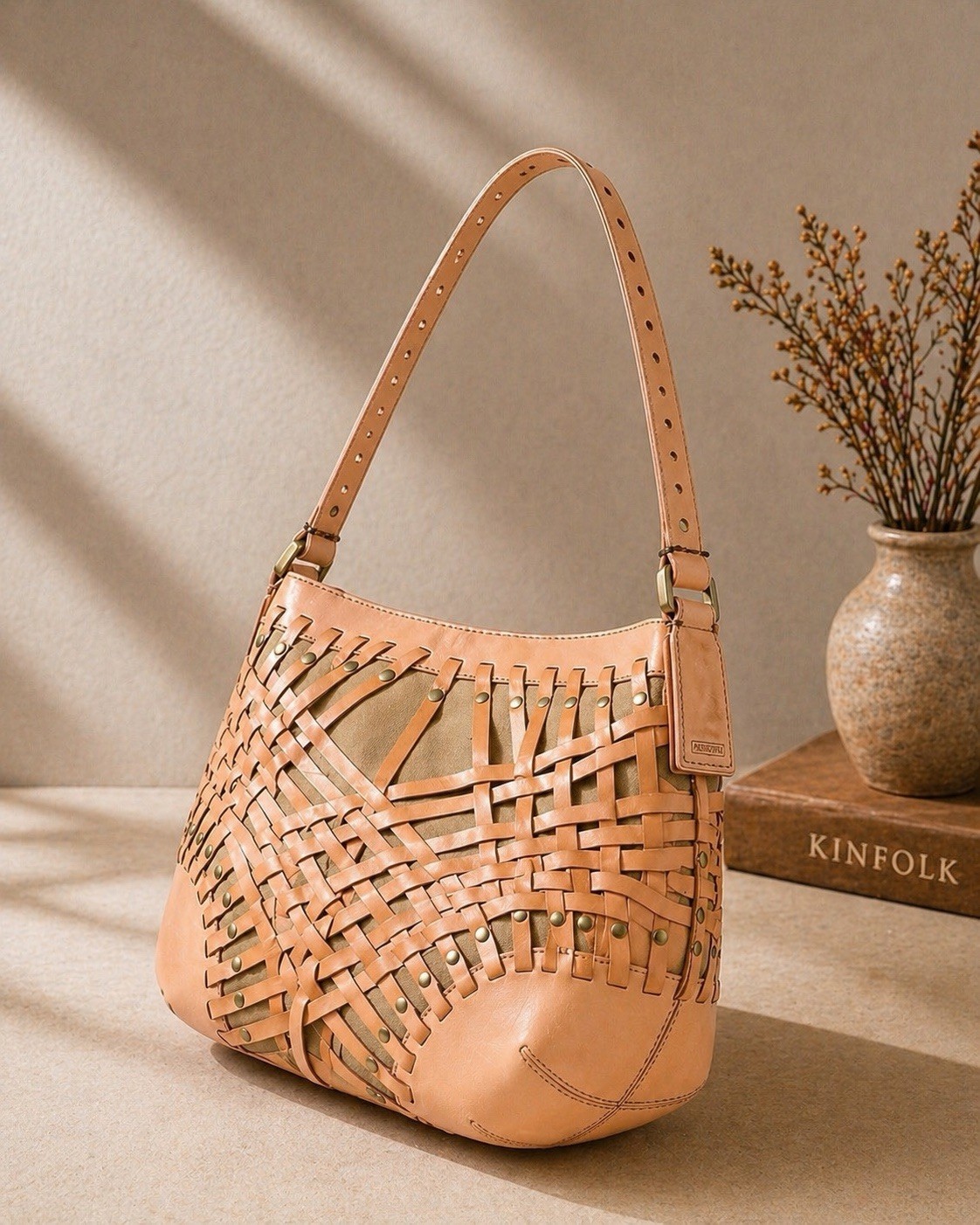 Calvin Klein Woven Leather Shoulder Bag Tan Brown Canvas Hobo Purse Chic