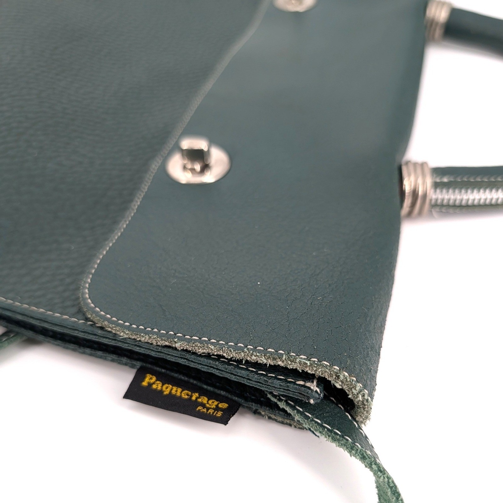 Paquetage Paris Green Pebbled Leather Satchel Bag Made in France Vintage