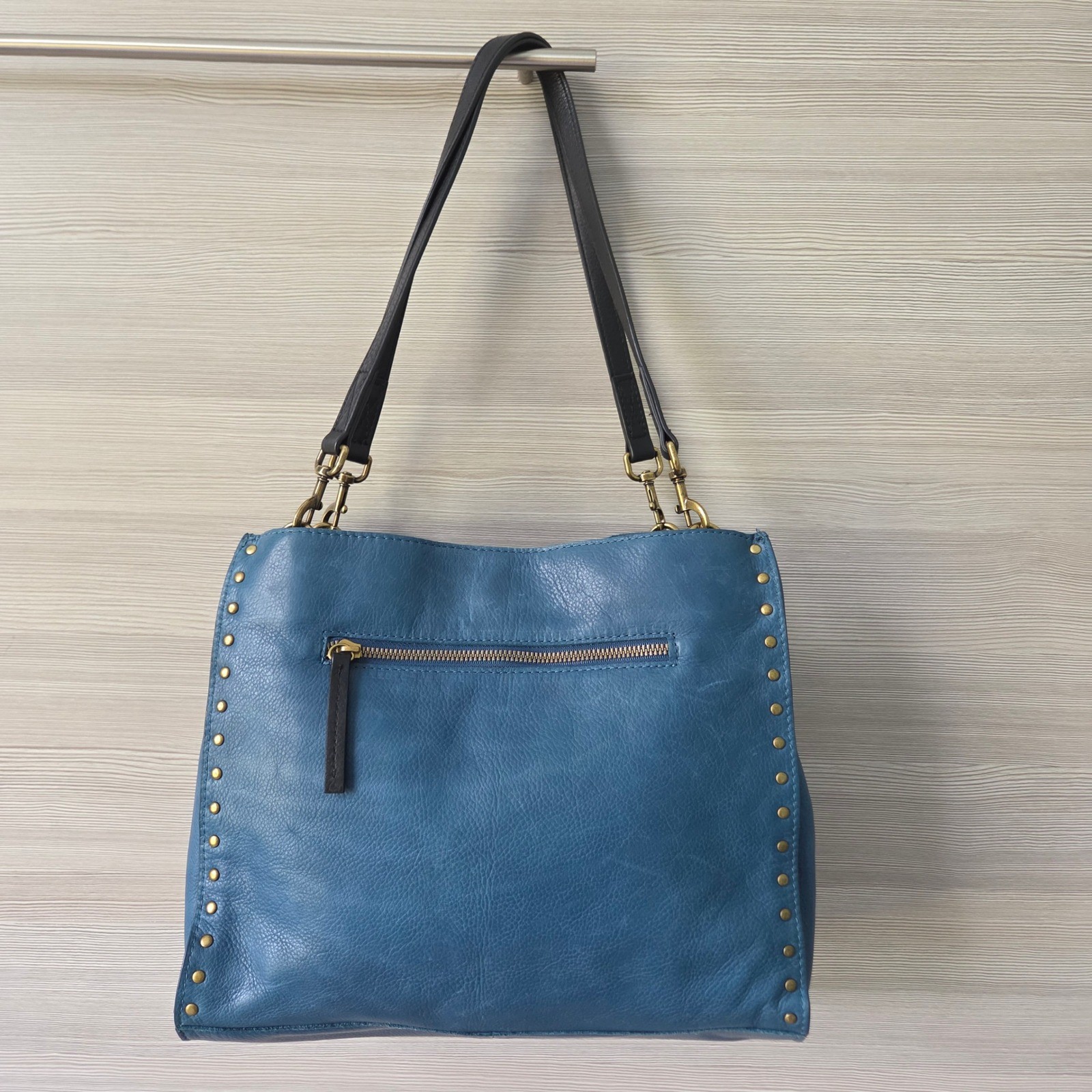 American Leather Co Studded Hobo Shoulder Bag Blue Pebble Leather Brass Studs