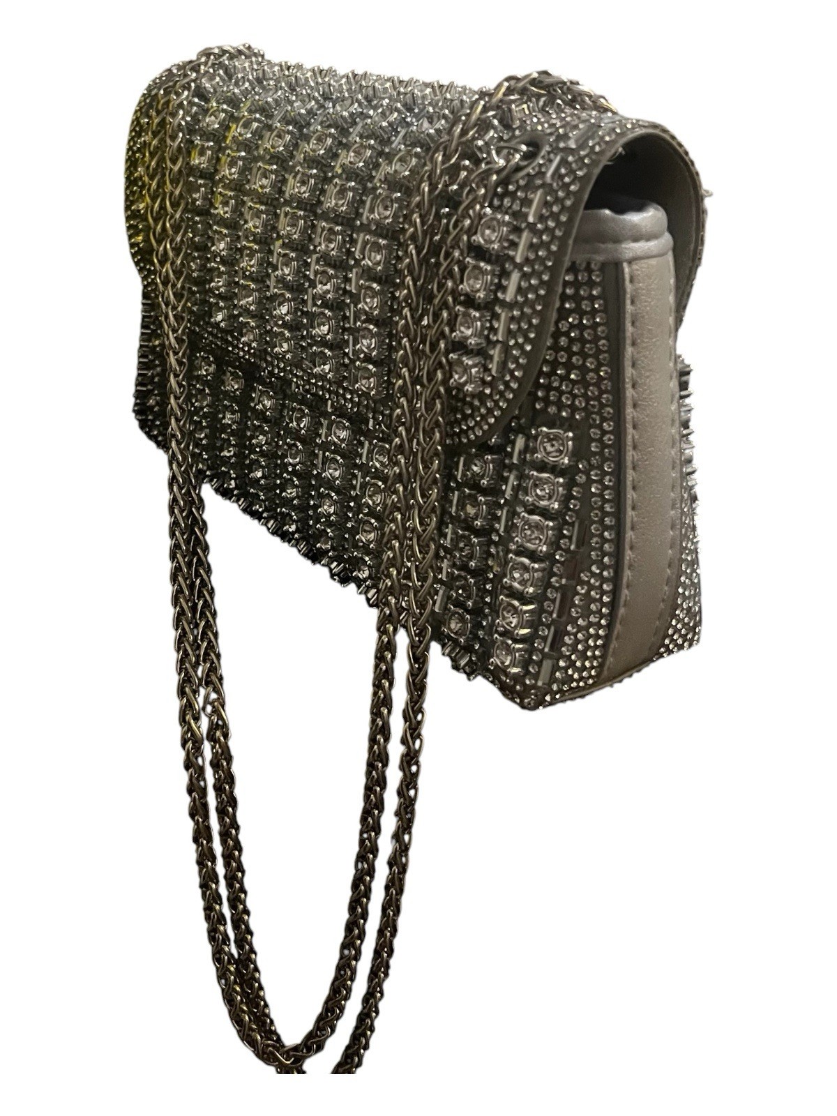 Silver Rhinestone Geometric Flap Shoulder Bag w/ Chain Strap, Magnetic, Lined
