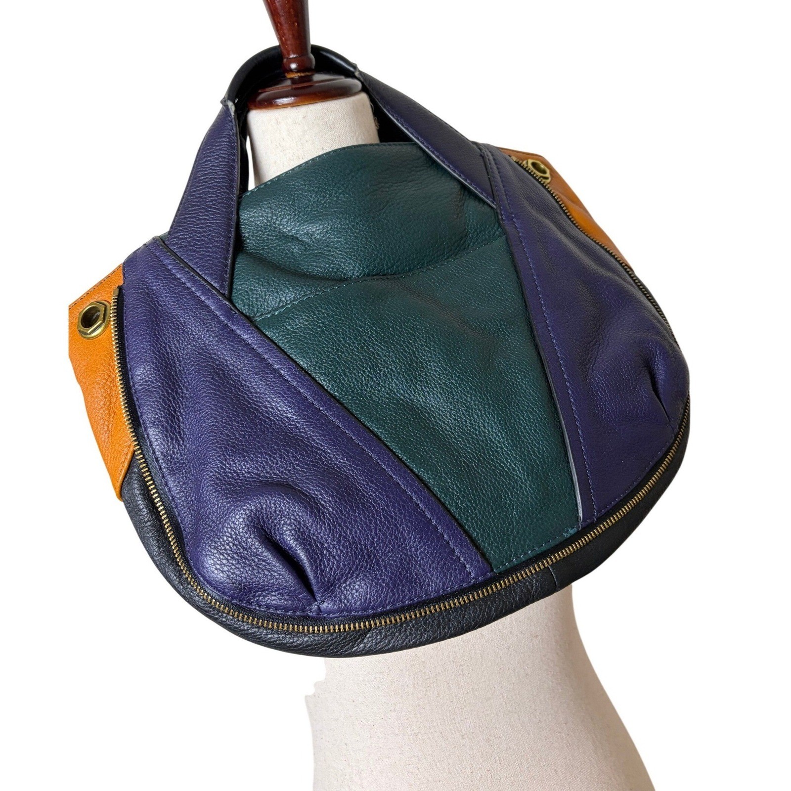 Yany Colorblock Leather Hobo Bag Purple Teal Orange MA036 Zipper Detail