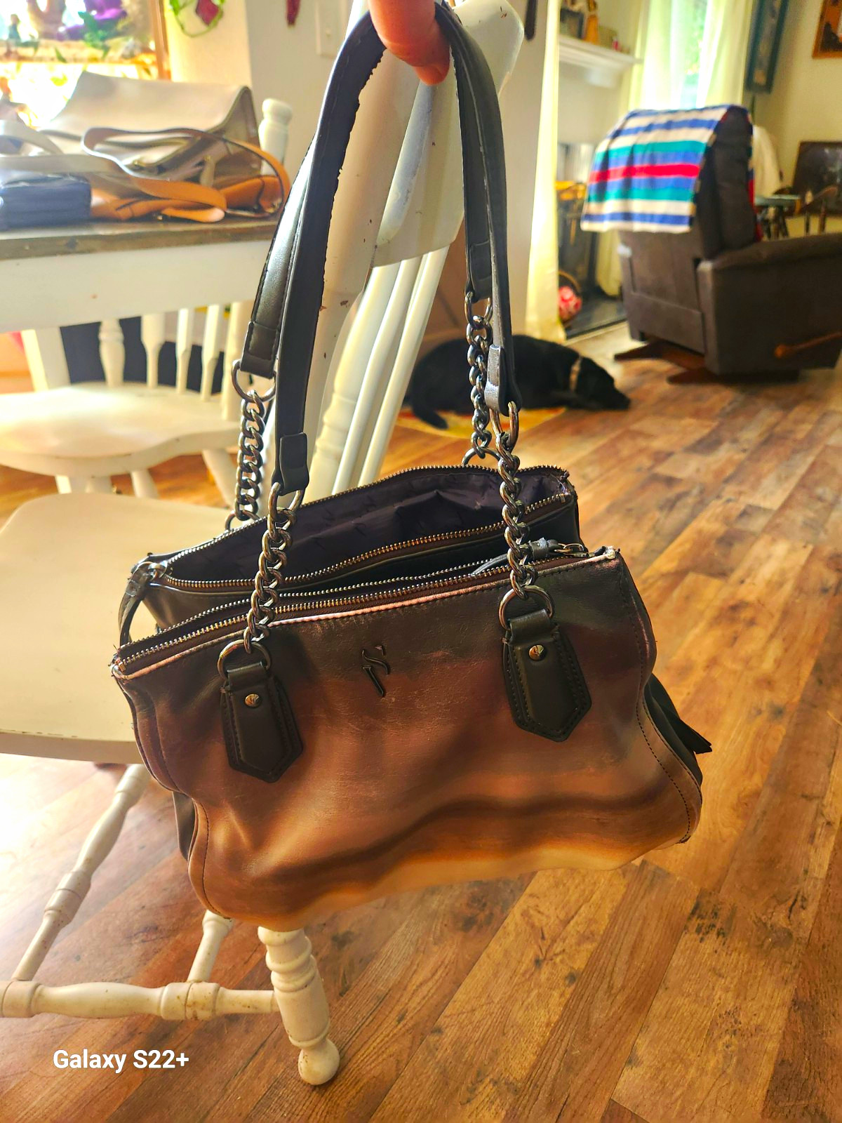 Simply Vera Vera Wang Brown/Black Satchel Top Handle Bag Chain Handles Multi Zip