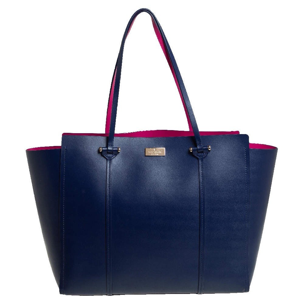 Kate Spade Arbour Hill Elodie leather tote bag in navy blue with a pink interior