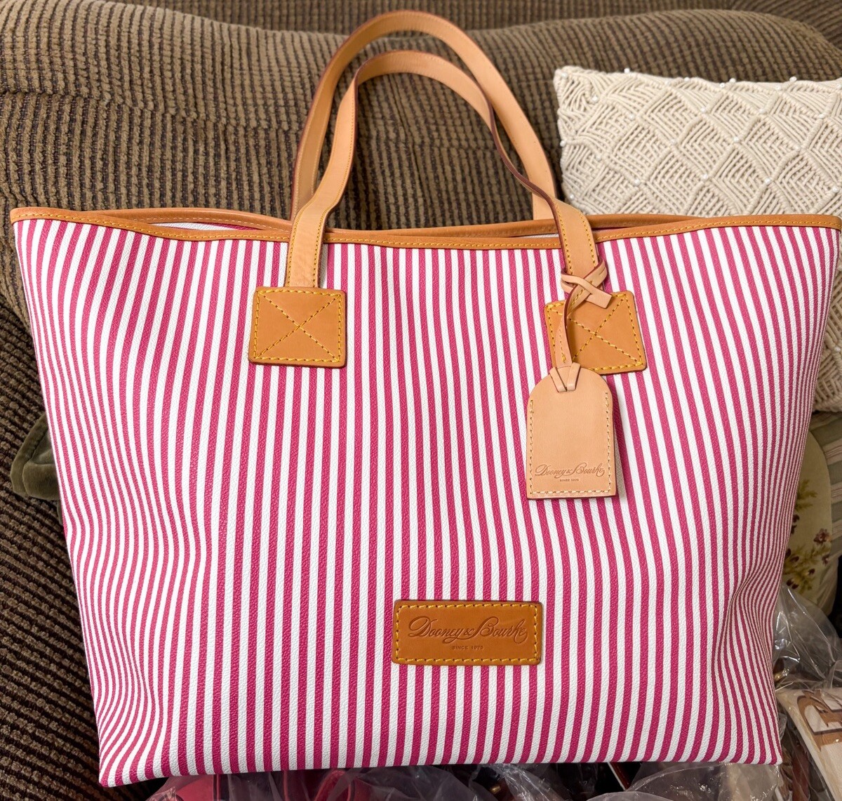 Dooney Bourke Seaview Fuchsia Pink Stripes Large Tote & Crossbody Bag Bundle Set