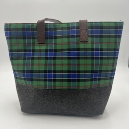 Punctuate Green Blue Plaid and Grey Felt Tote Bag Mixed Media Shoulder Bag
