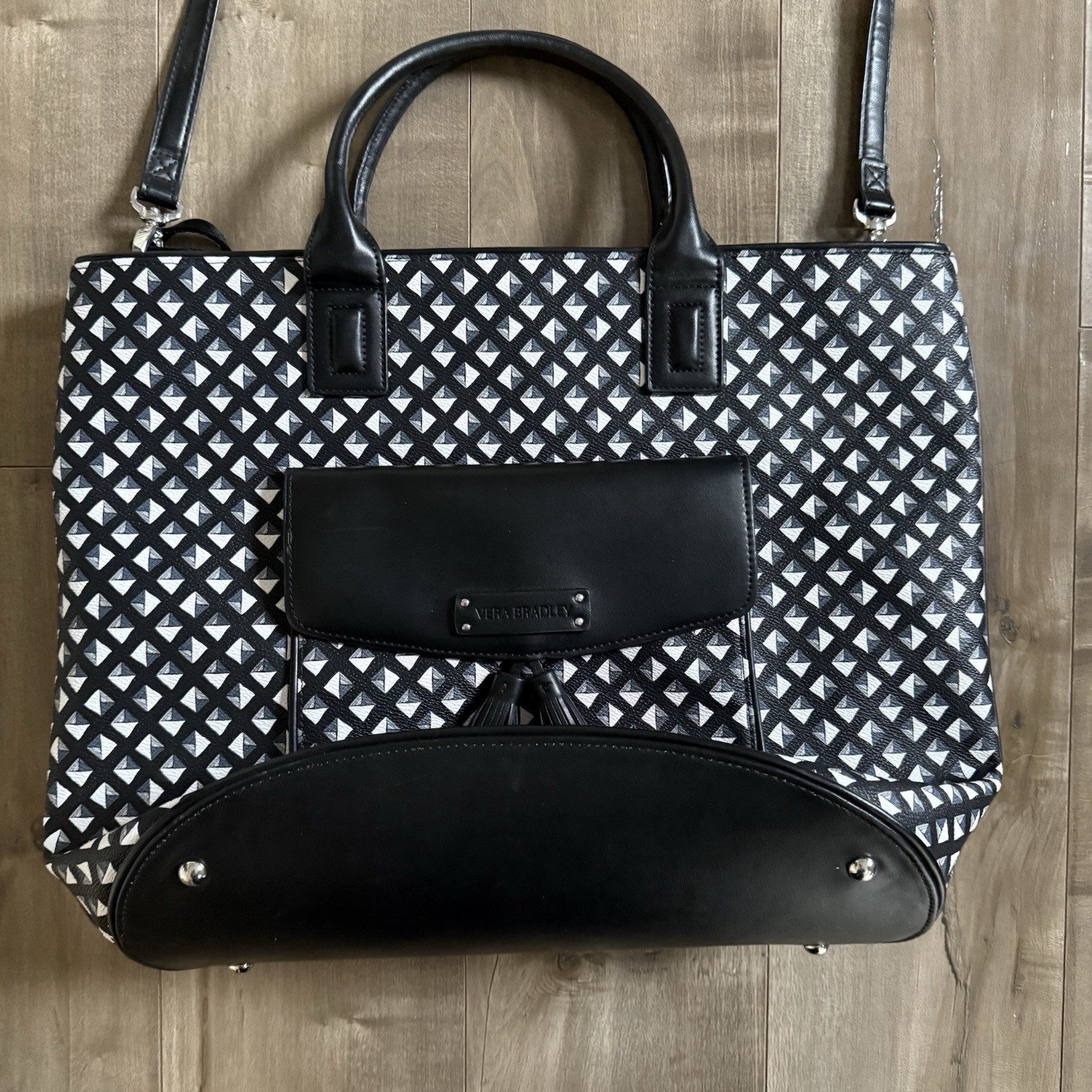 Vera Bradley Tassel Tote Large Black White Geometric Luggage Tag Leather