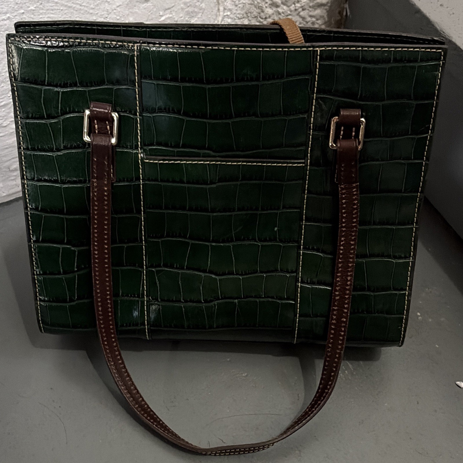 Dooney & Bourke Green Croc Embossed Tote Brown Shoulder Straps Red Lining