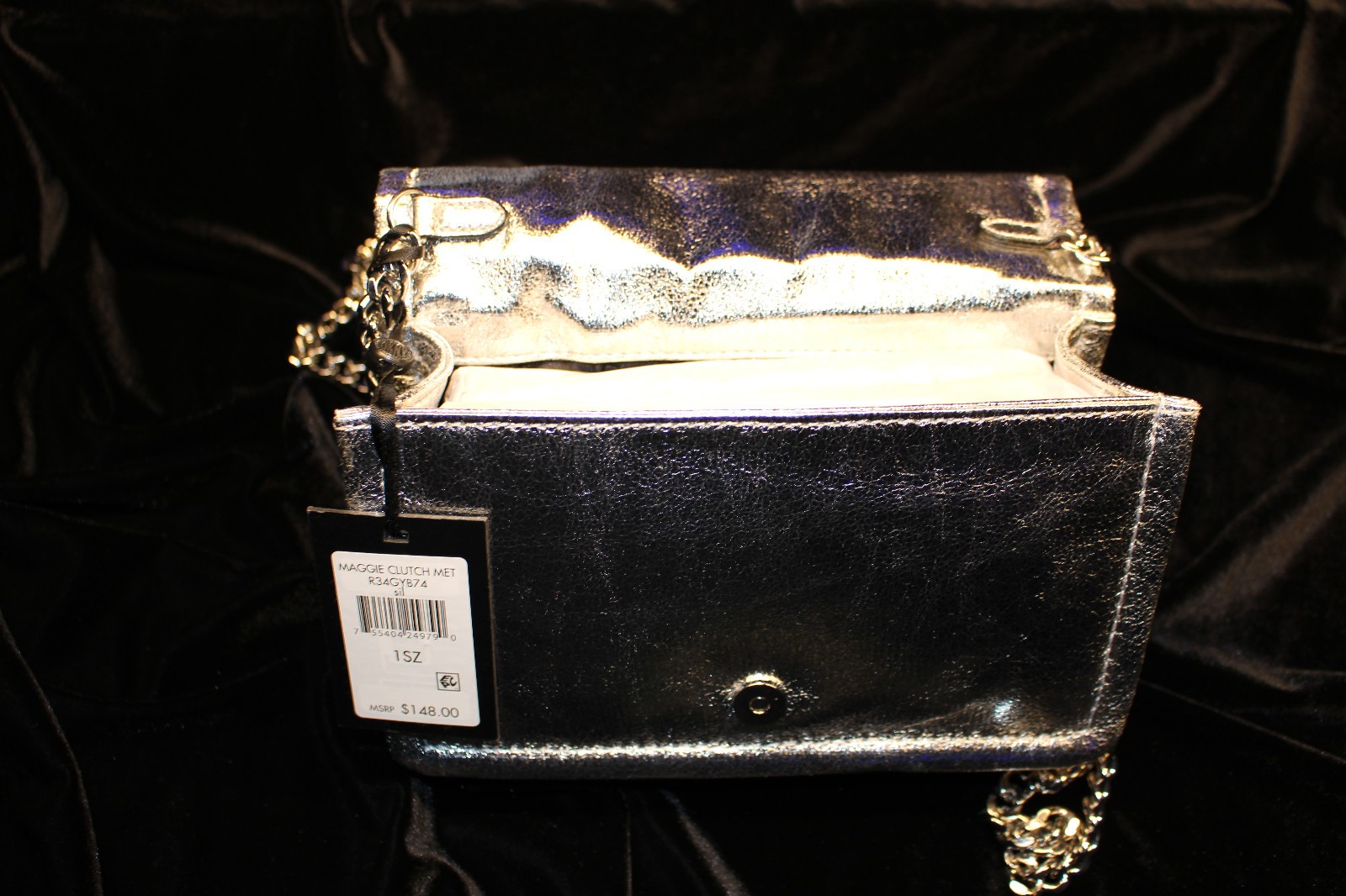 DKNY Silver Metallic Clutch Hand Bag with crossbody strap snap closure