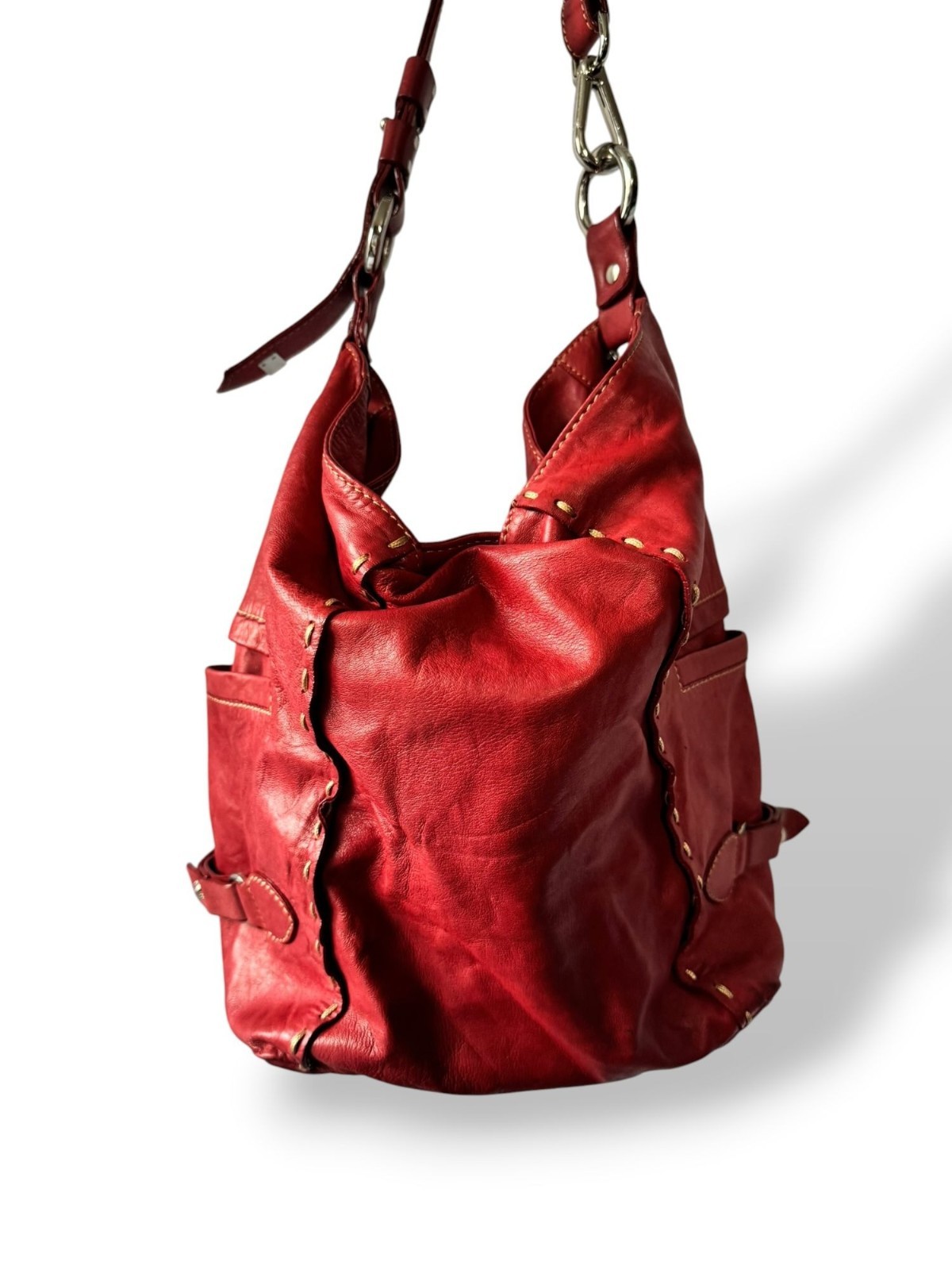 Nicoli Red Leather Shoulder Bag Adjustable Strap Soft Stitch Detail