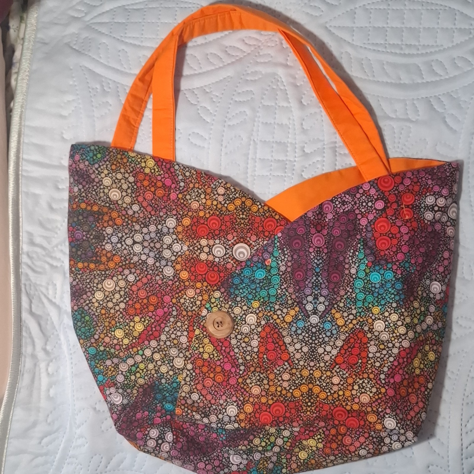 Women’s Multicolor Geometric Colorful Tote Bag, Orange Double Handles, Button