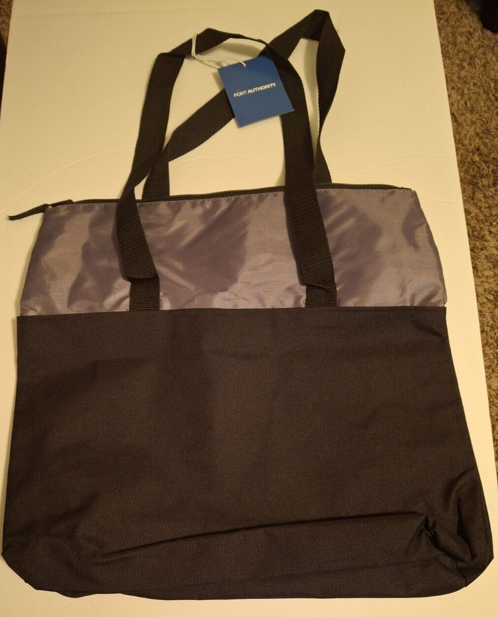 Port Authority Black and Gray Beach Bag Tote with pockets Zip Top New With Tags