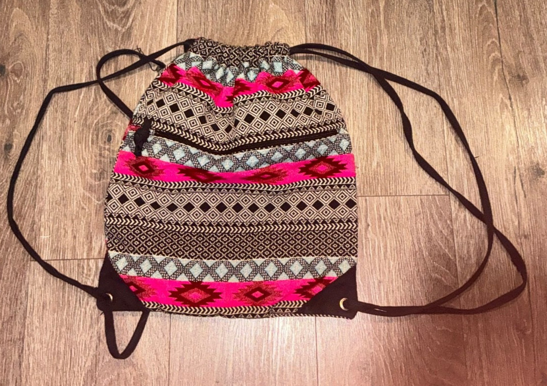 Aztec Tribal Print Drawstring Backpack Pink Blue Black Woven Cinch Bag