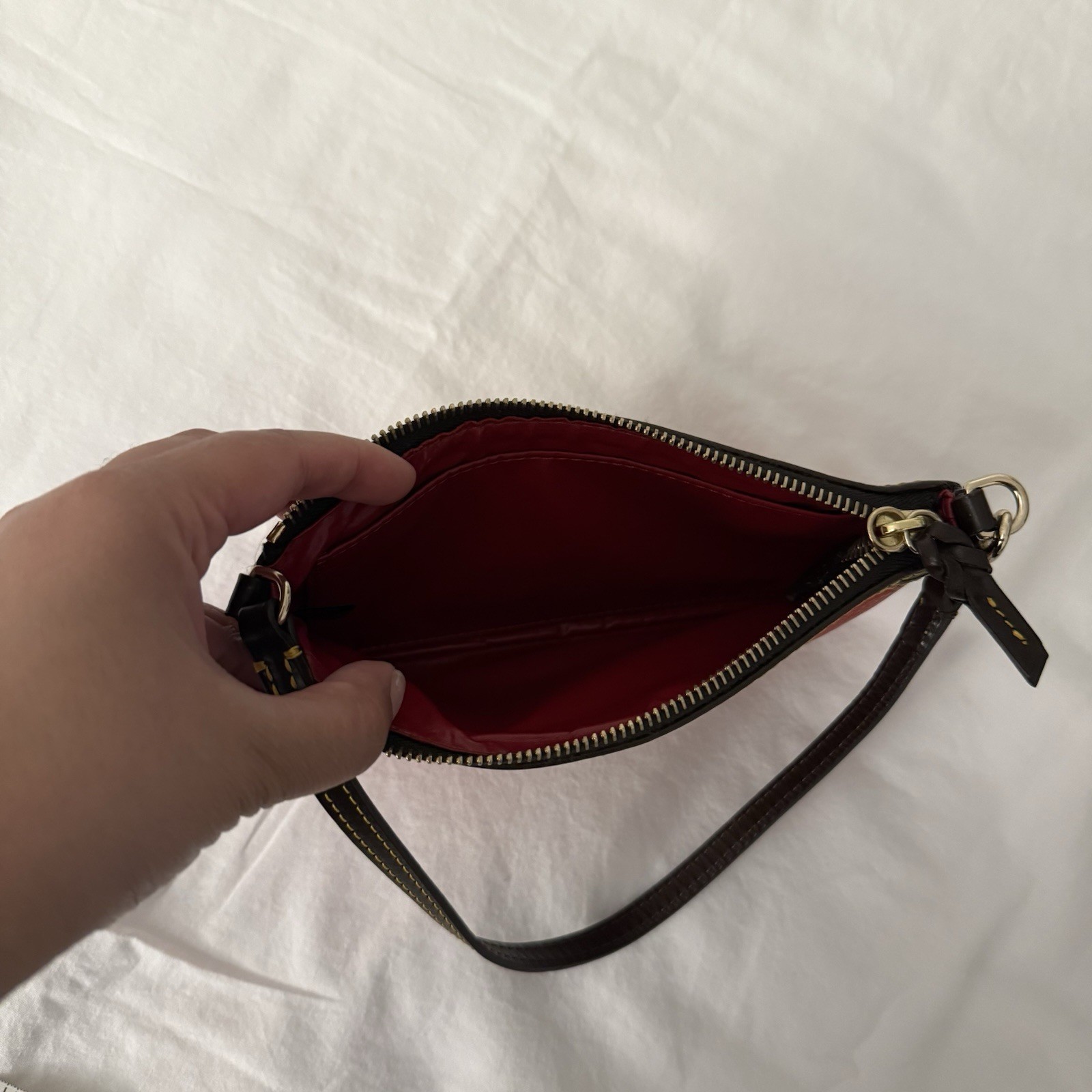 Dooney & Bourke Small Red Wristlet Zip Top Brown Strap Gold Hardware Lined