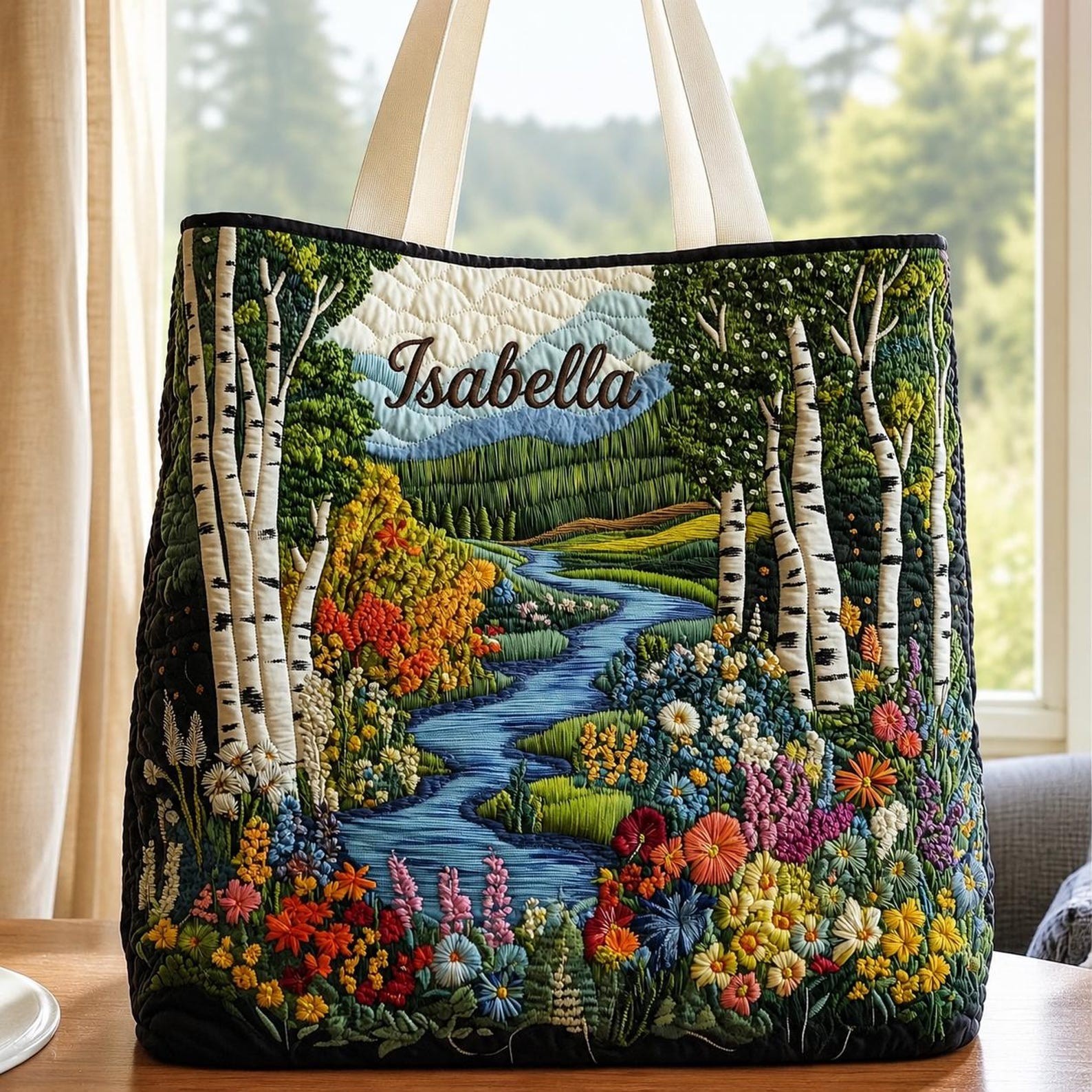 Custom Birch Forest Quilted Tote Bag, Personalized Forest Handbag, Forest Bag, F