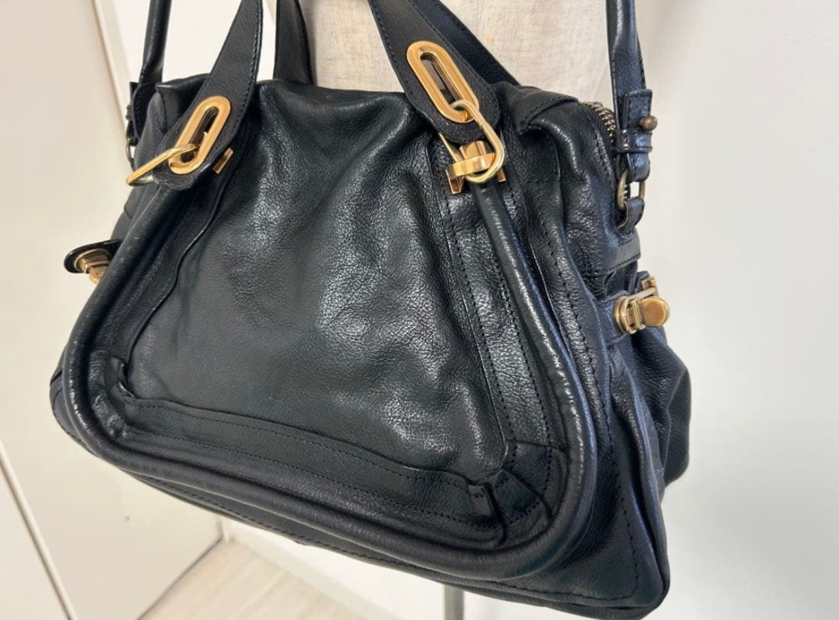 Chloé Paraty Medium 2-Way Shoulder Bag Black Pebbled Leather Gold Hardware Satch