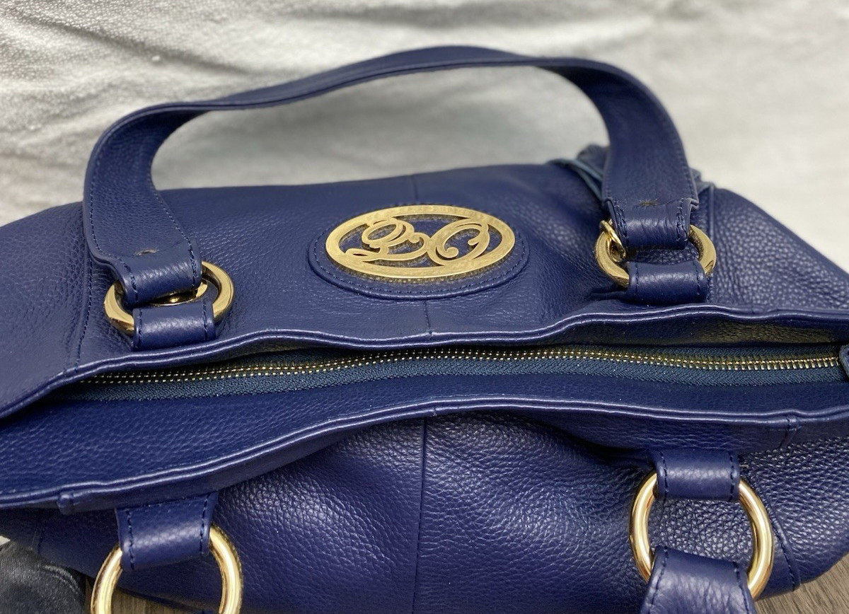 Onna Ehrlich Navy Blue Soft Pebble Leather Tassel Top Zip Tote Handbag Purse