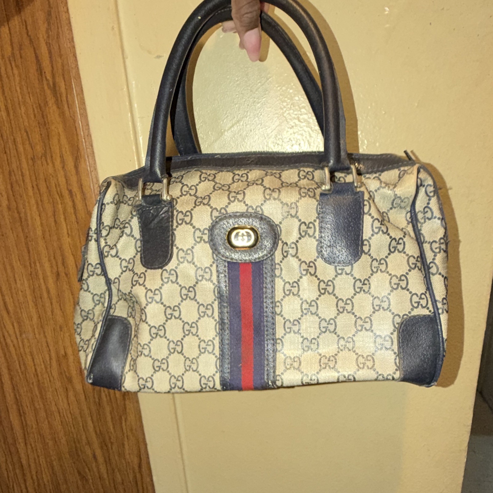 Women’s Beige Monogram Satchel Top Handle Bag Double Handles Zip Gold Stripe