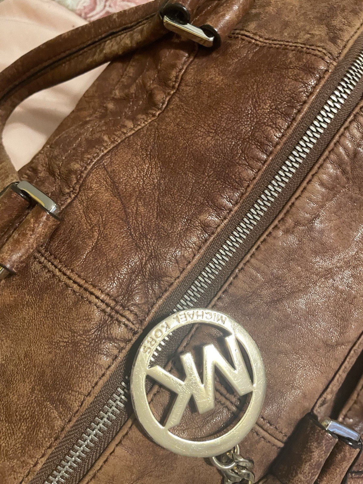 Michael Kors Brown Distressed Shoulder Bag, Zip, Buckle/Logo, Charm, Pockets