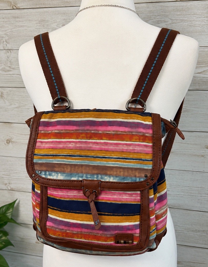 The Sak Happy & Free Convertible Backpack Striped Canvas Leather Trim