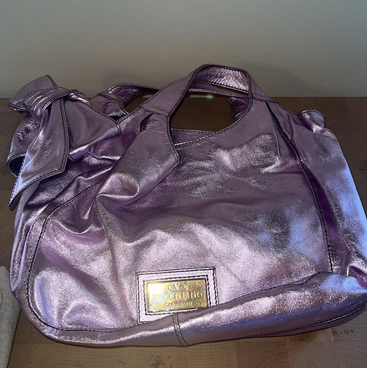 Valentino Purple Metallic Huge Bow Nuage Bow Tote Shoulder Womens Stylish Purse